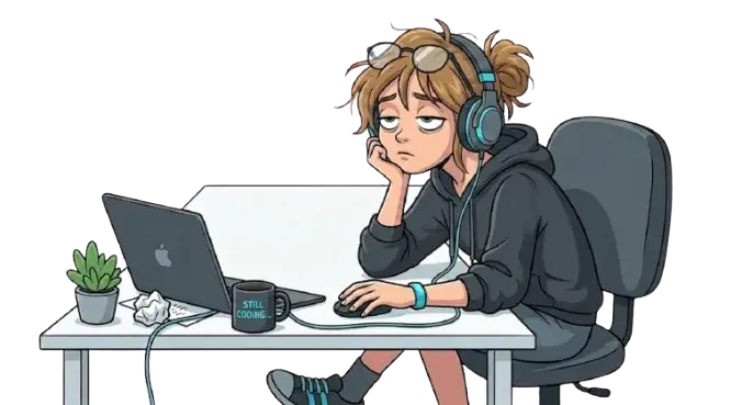 Illustrated bored developer slumped at a desk while a compliance video plays
