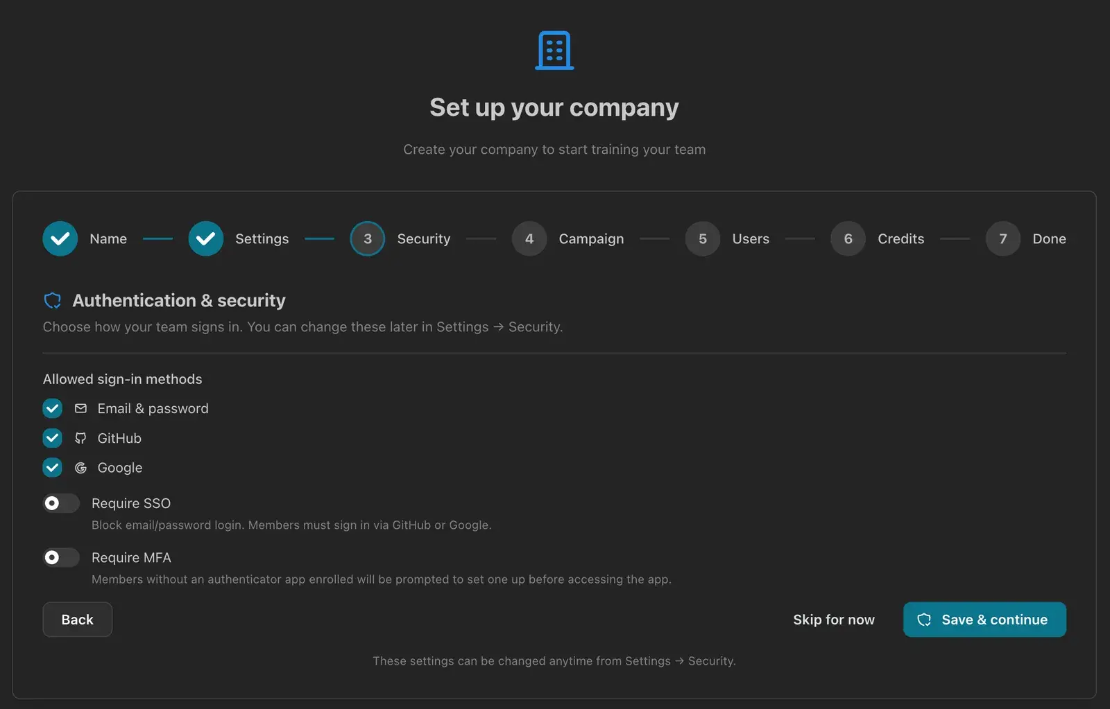 Company onboarding wizard for inviting a team